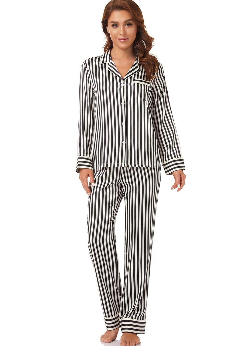 Serenedelicacy Women's Satin Pajama Set Long Sleeve Button Down Sleepwear 2-Piece Silky Pj Set (Large, Champagne/Black, Stripe) - Image 3